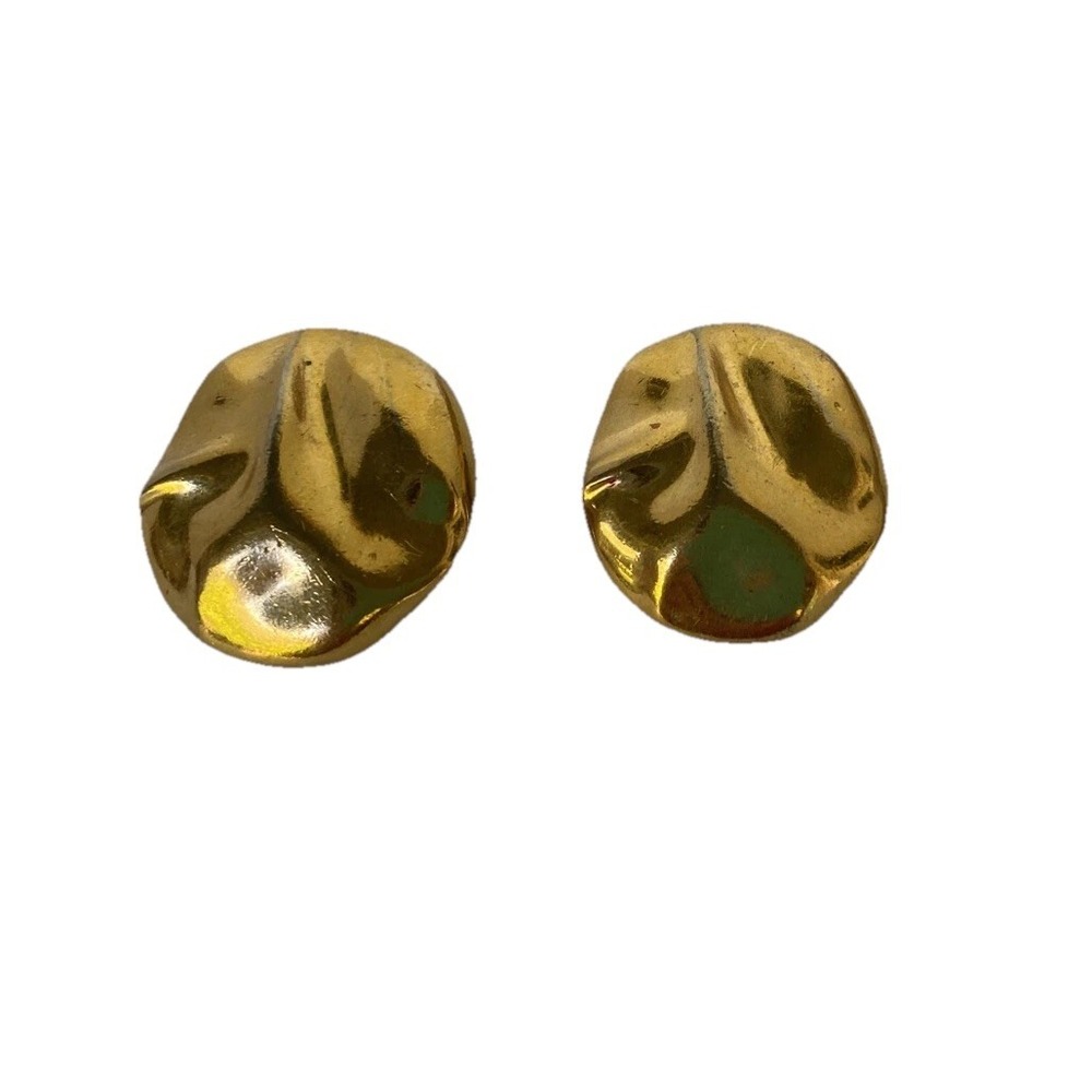 Earrings Shiny gold tone Studs round shape non pierced bulky 1.15" Vintage